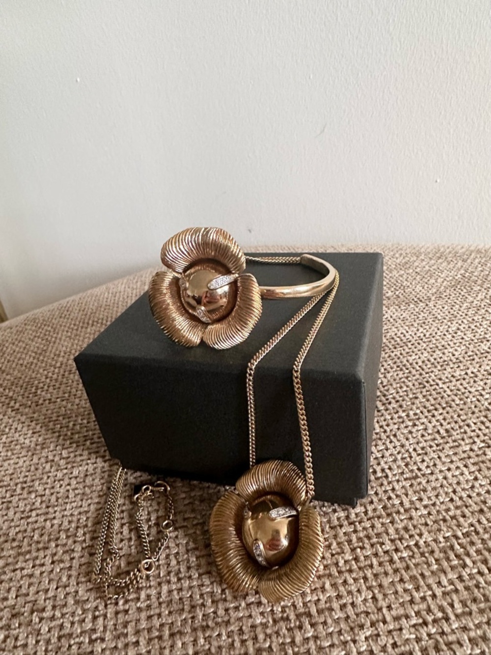 Nina Ricci Gold Floral Rhinestone  Necklace and Bangle Set